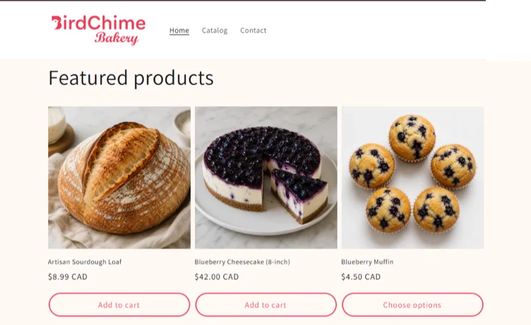 BirdChime Bakery online store catalog