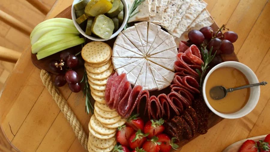 A wooden board of brie, salami, crackers, strawberries, pickles and a dipping sauce