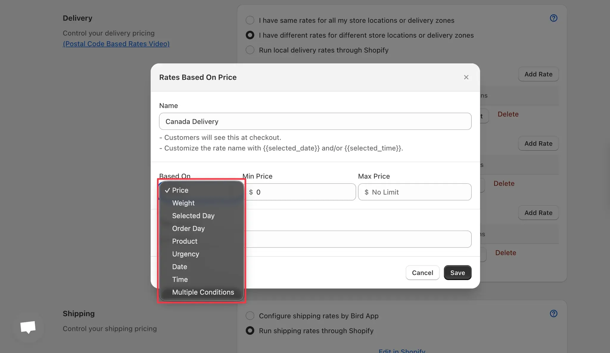Setting up rates based on multiple conditions via the Bird Pickup and Delivery App