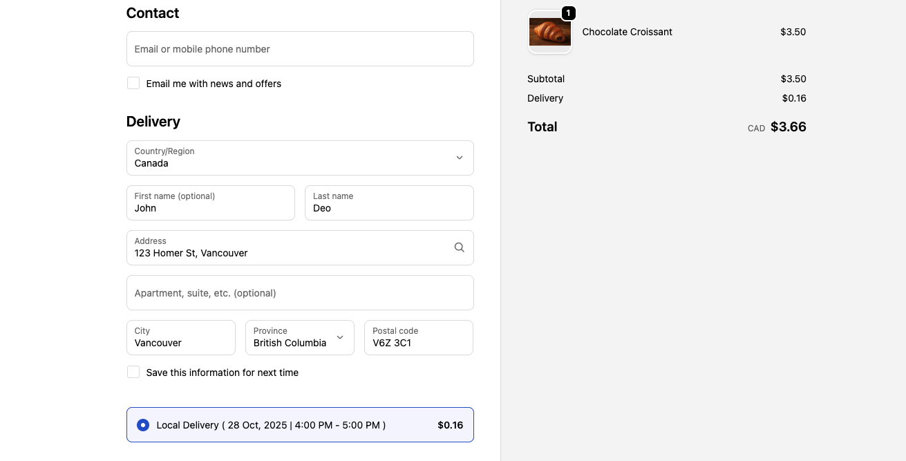 At checkout, Bird automatically applies the correct Shopify radius-based delivery rates configured in your settings