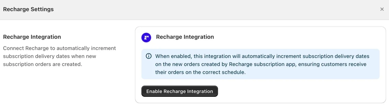 Bird Pickup and Delivery settings showing the Recharge integration ready to enable
