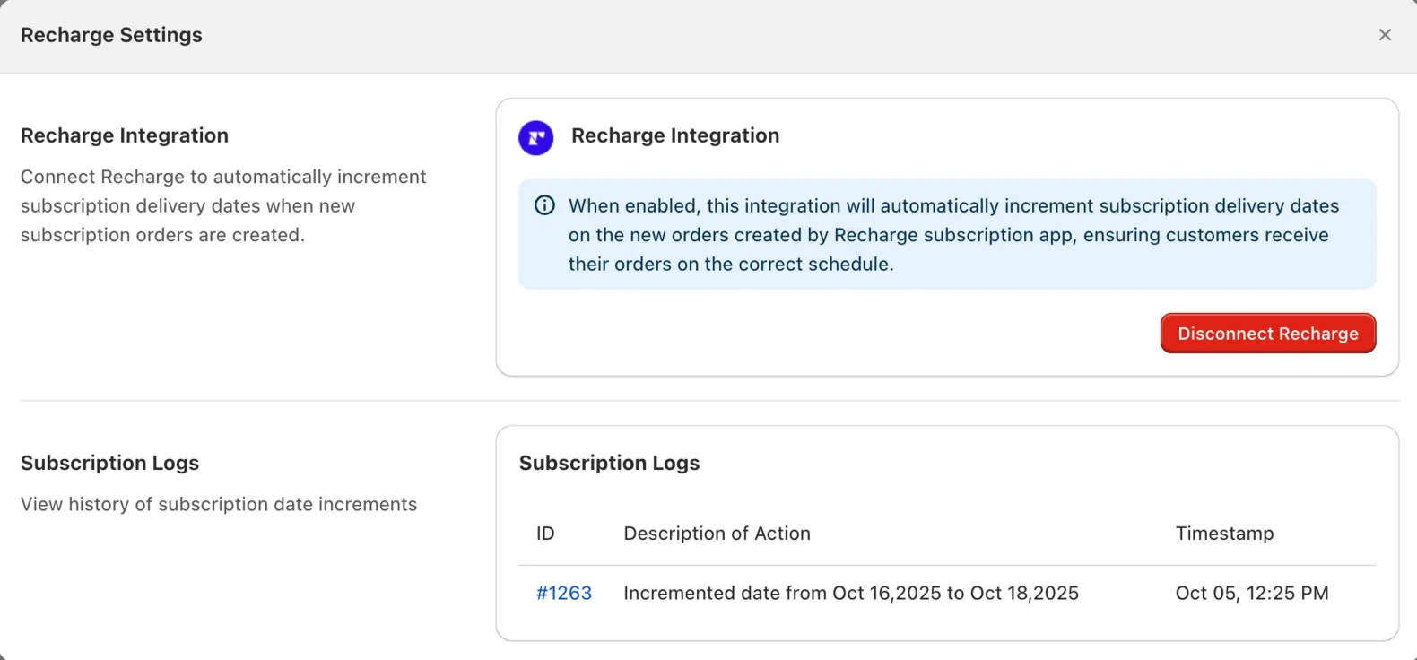 Bird subscription log listing each delivery date increment with order link, description and timestamp