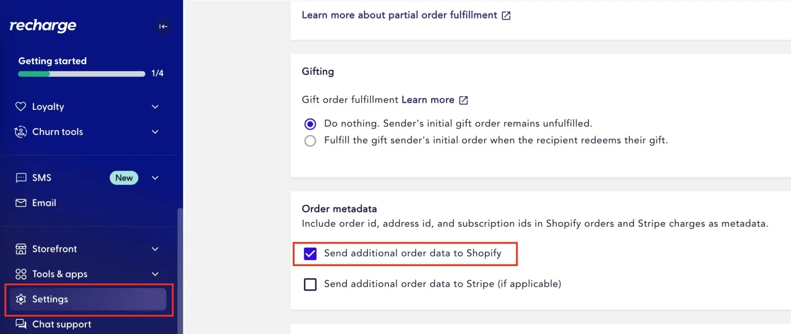 Recharge order processing settings with the option to send additional order data to Shopify enabled