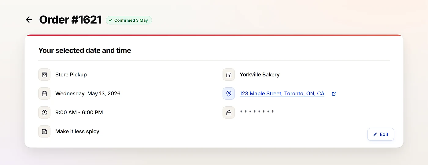 Bird Order Details block on the Shopify thank you page showing pickup method, location, date, time slot, and edit link