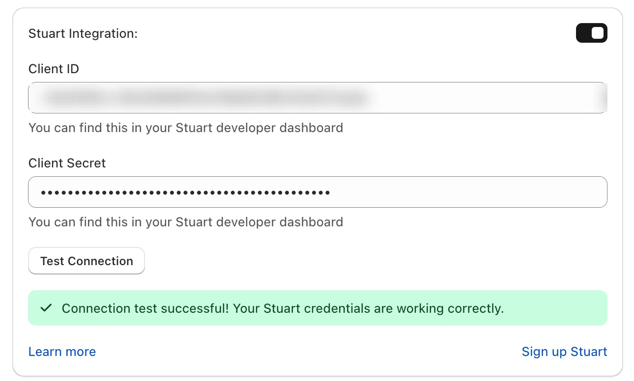 Stuart integration settings in Bird Pickup and Delivery with client ID, client secret and a successful connection test