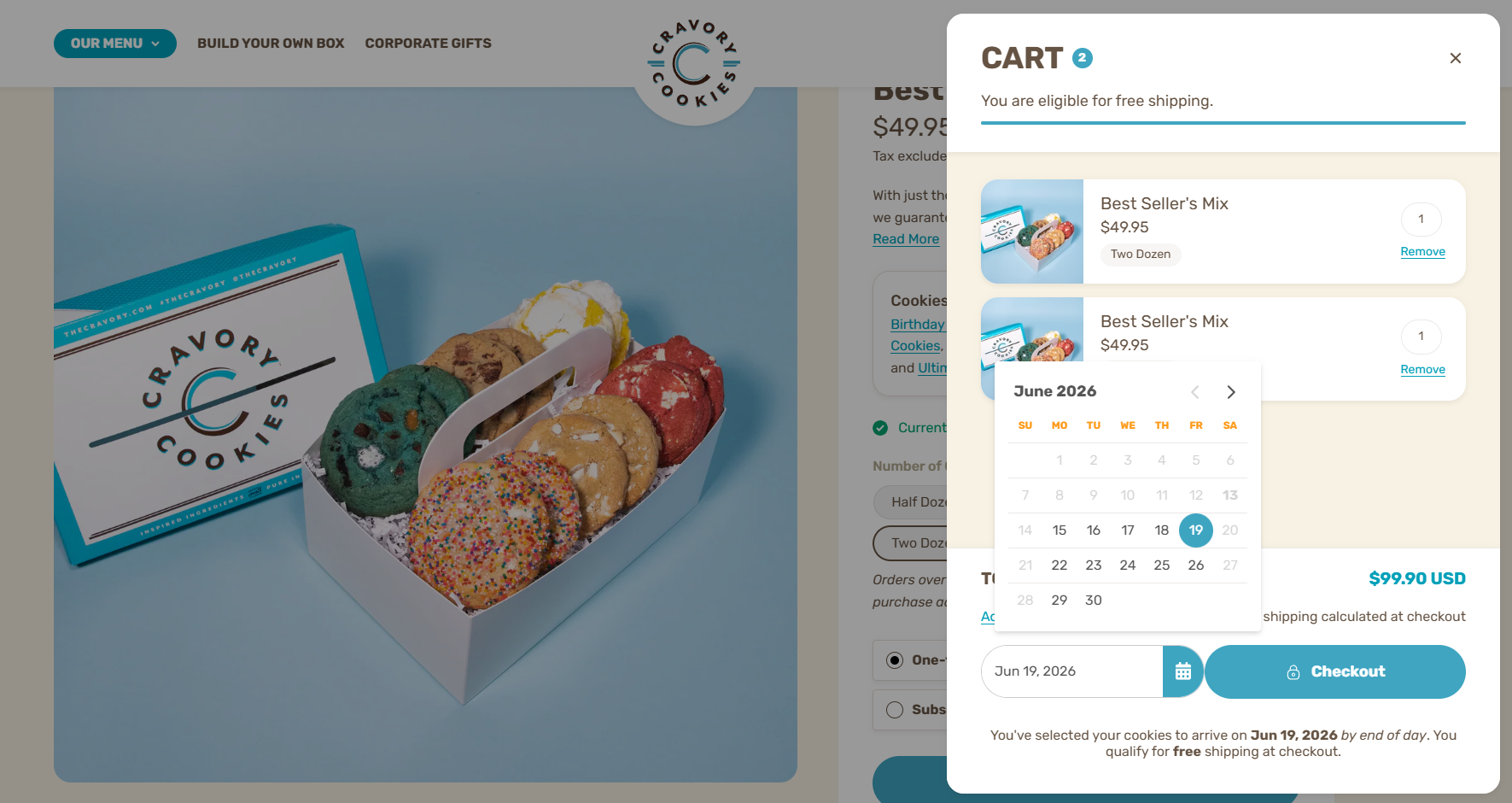 The Cravory's product page and cart in Shopify, with Bird's date-picker calendar open, the chosen arrival date, and free-shipping eligibility