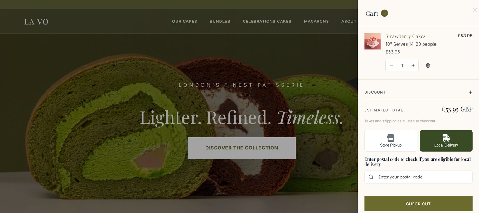 La Vo Patisserie's Shopify cart running Bird, showing the Store Pickup and Local Delivery choice and a postcode check for local delivery eligibility before checkout
