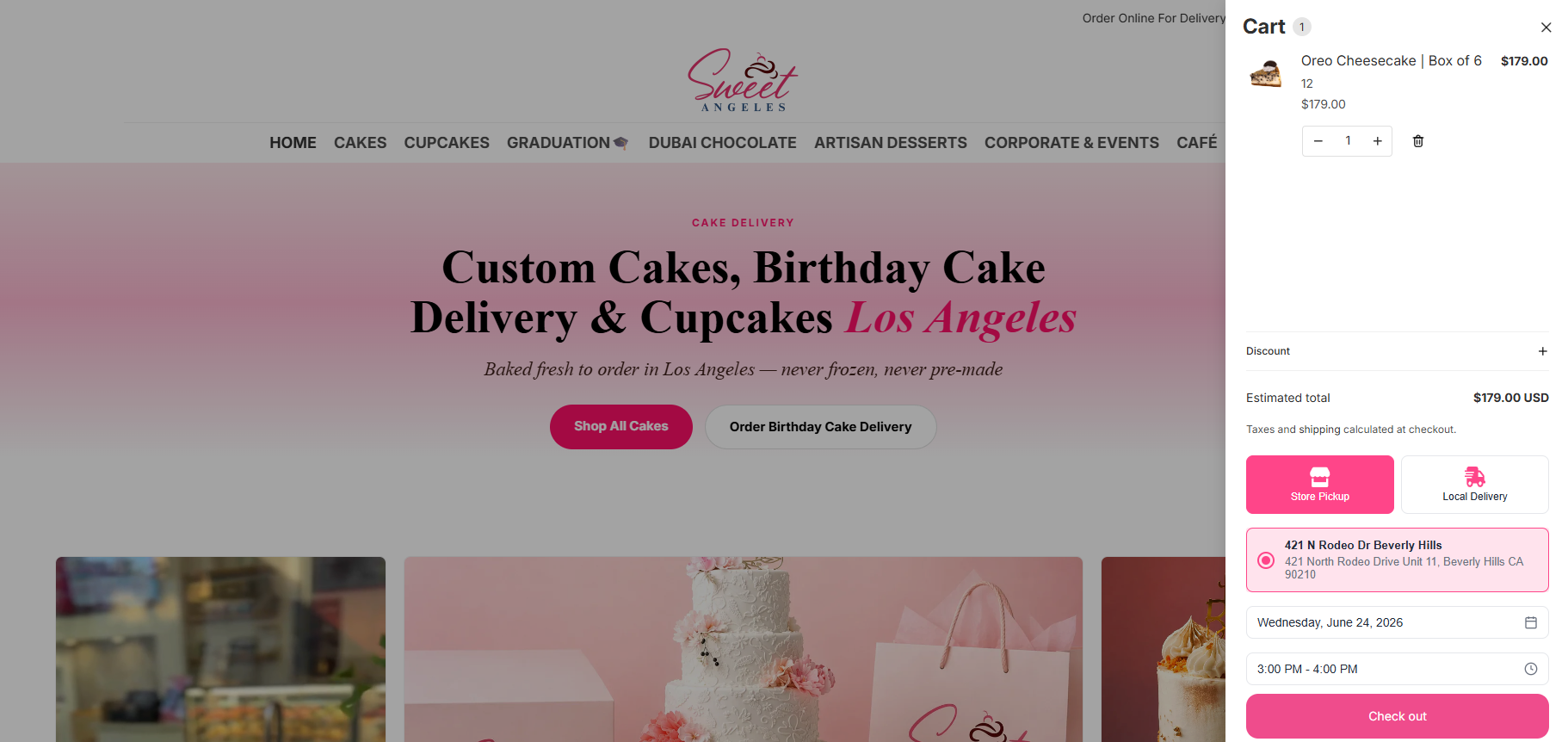 Sweet Angeles's cart in Shopify with Bird, showing store pickup and local delivery, a delivery-area check for Beverly Hills, a chosen date, and a time slot